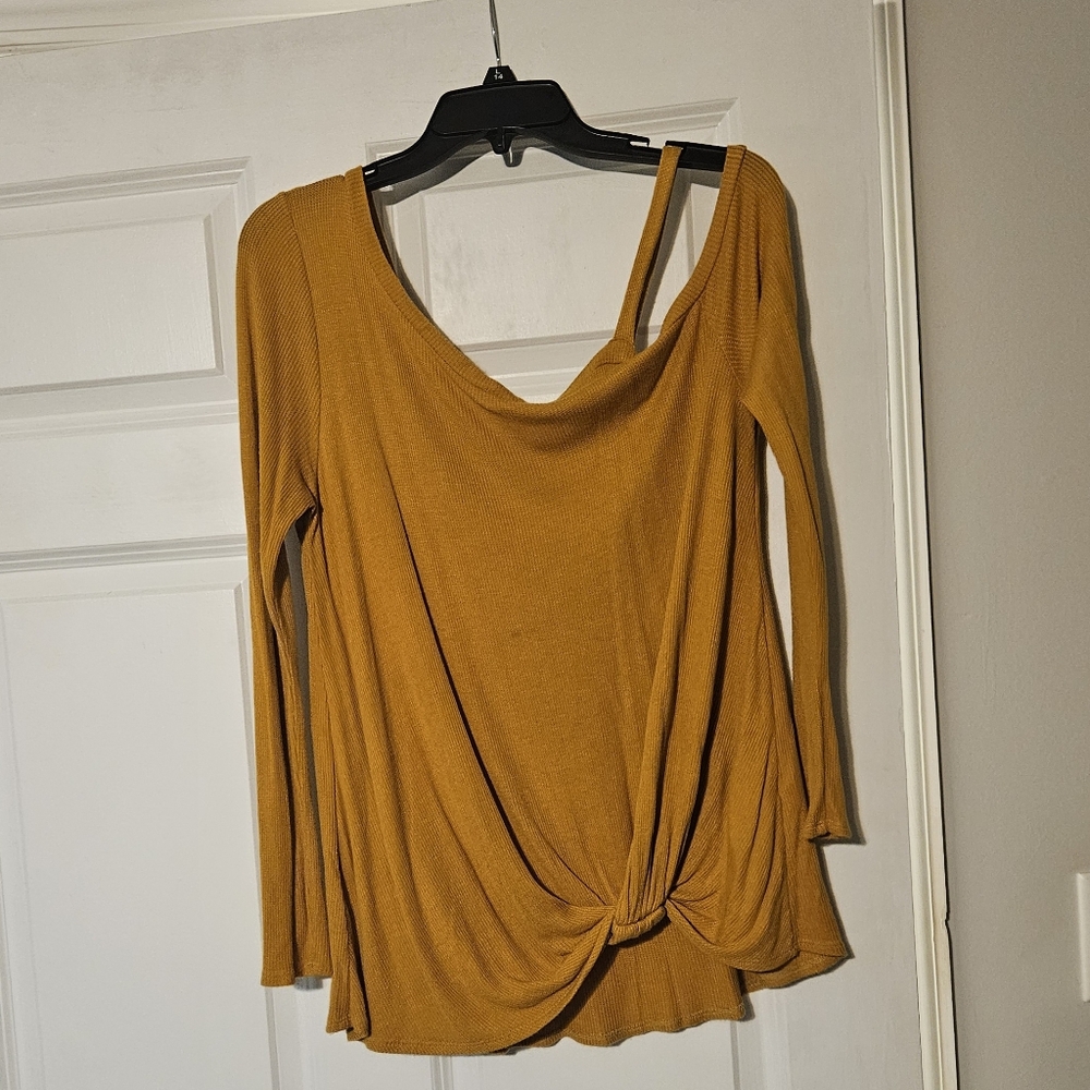 Mustard Knot Front Women's Cold- Shoulder Top